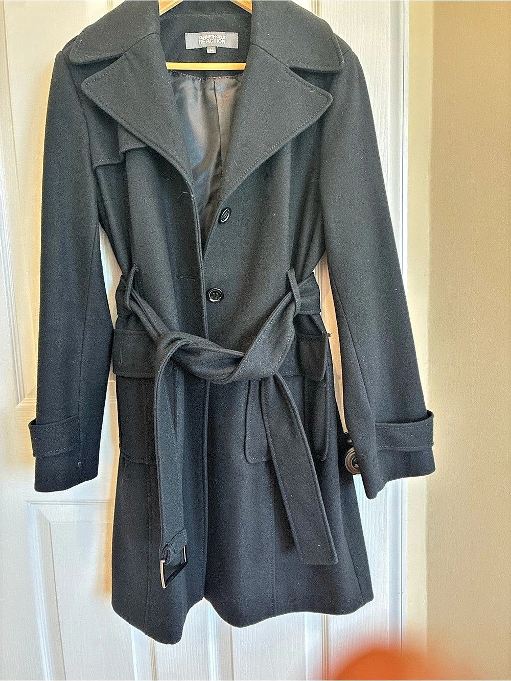 Kenneth Cole Reaction Black Wool Blend Belted Trench Coat Size 14